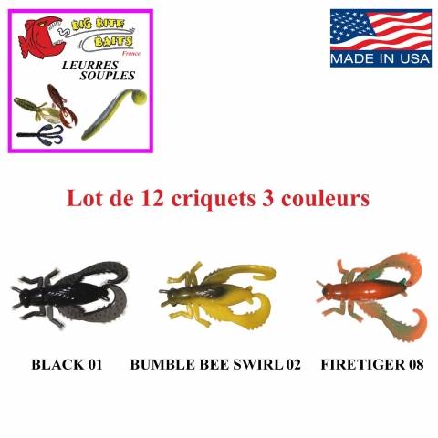 12 criquets 2,5cm 3 couleurs BIG BITE BAITS leurres souples / Créature/Craws